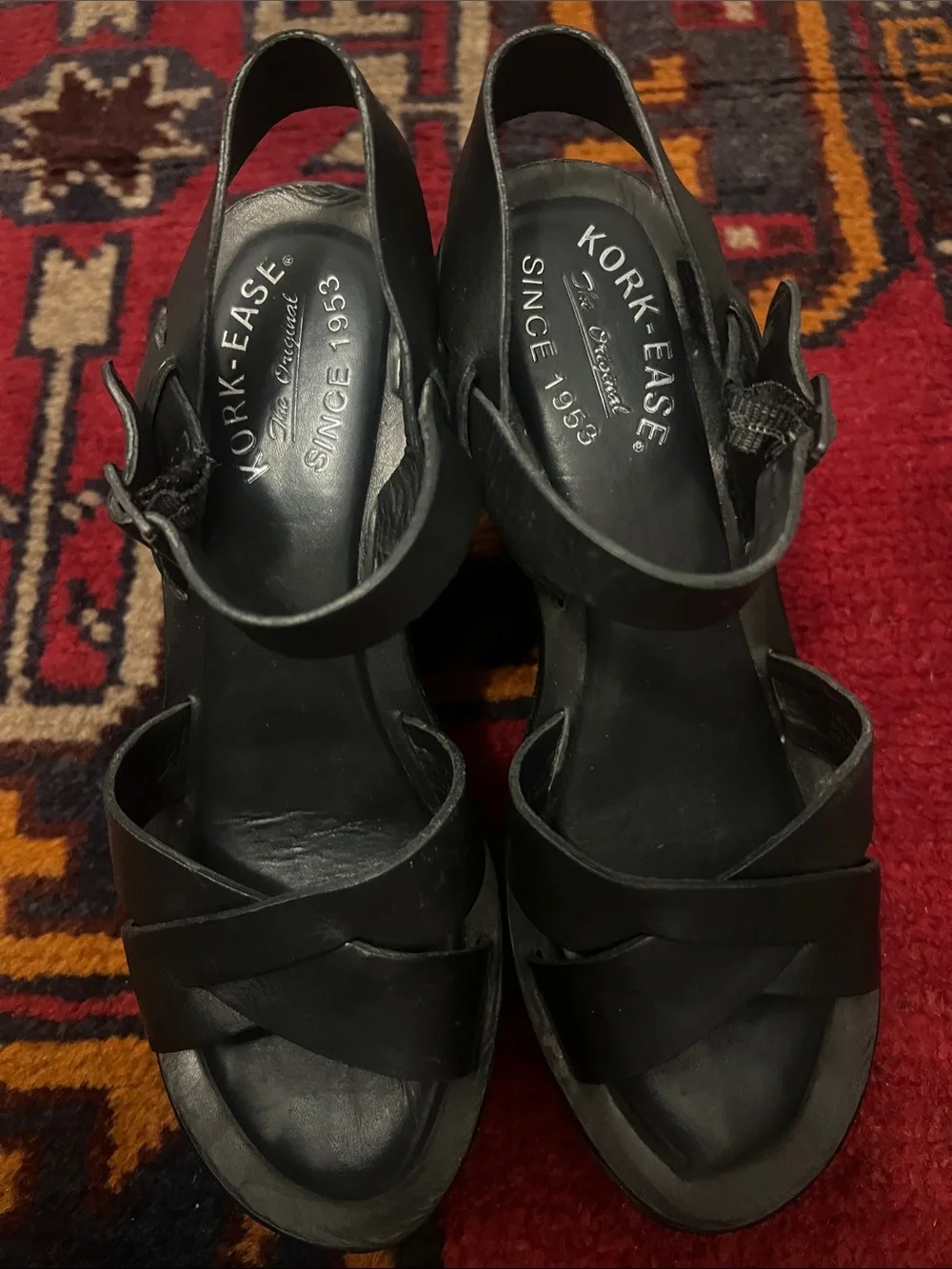 Kork-Ease Black Leather Wedge Slingback Sandals
